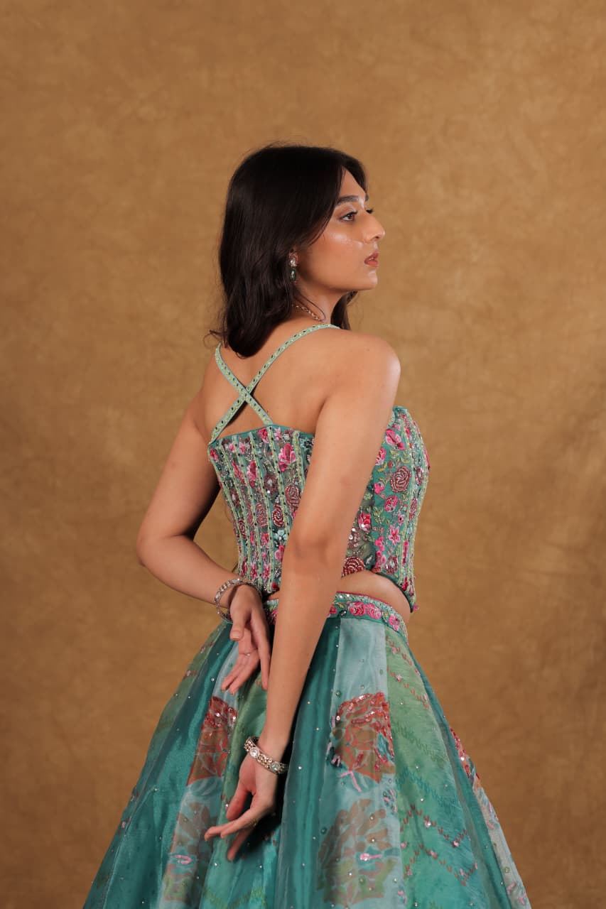 Rama Green Organza Corset Blouse with Printed Chaniya and Dupatta