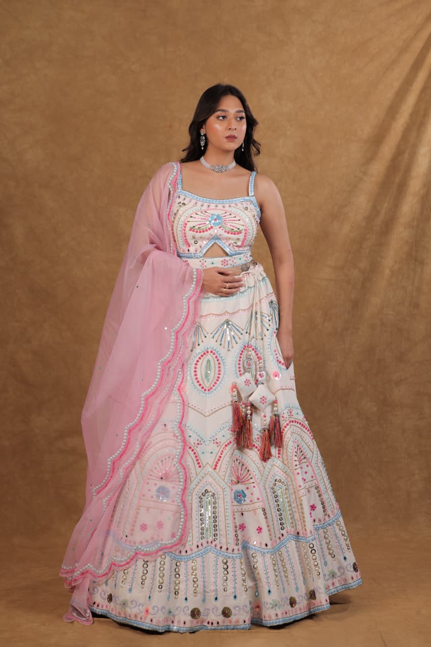 Raw Silk Lehenga with Pearl, Sequence & Diamond Work