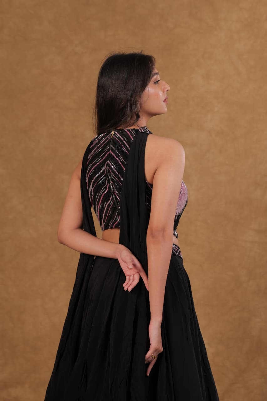 Pink Black Crepe Chiffon Lehenga with Sequence & Pearl Work