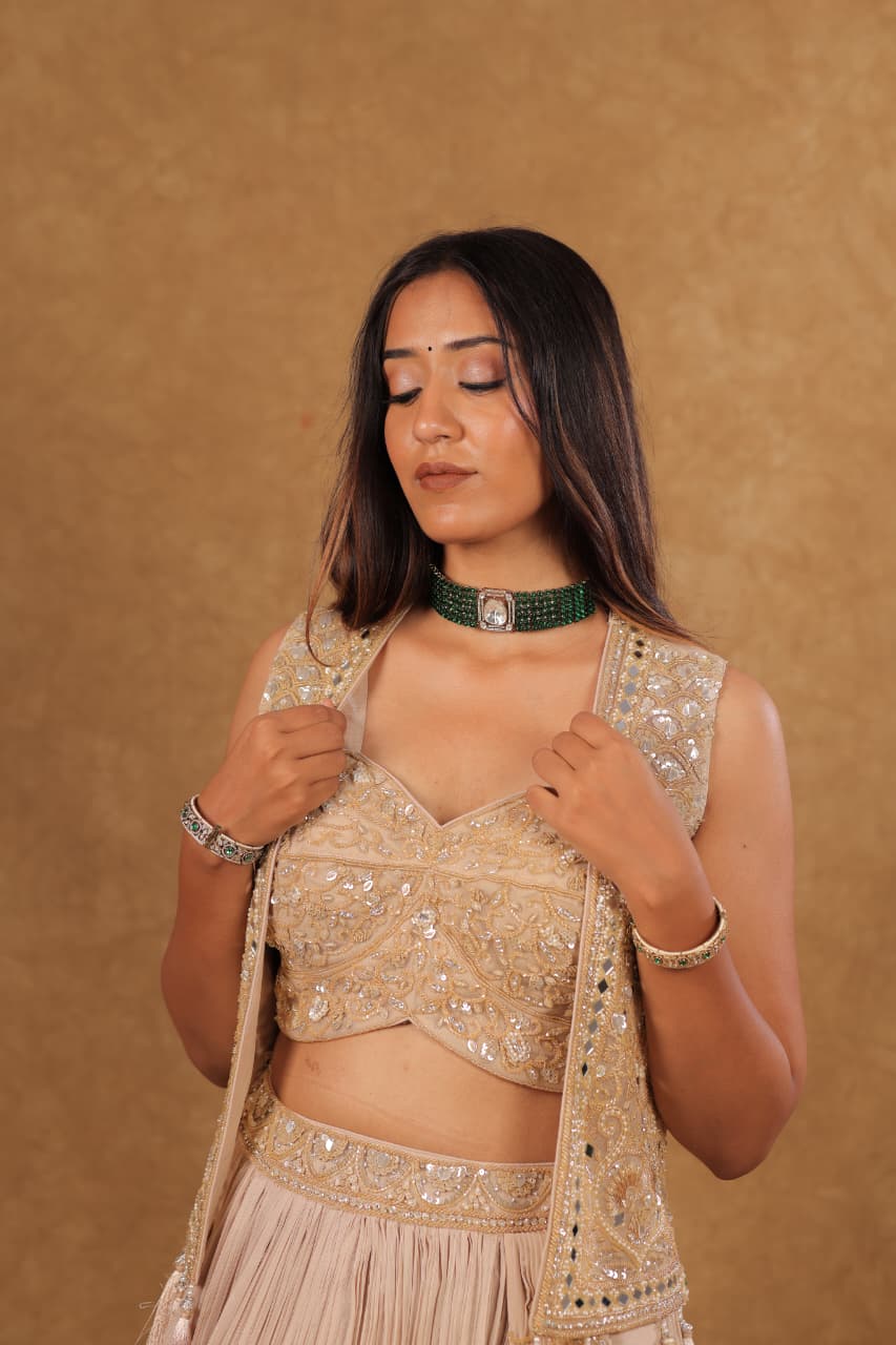 Golden Shimmer Crepe Chiffon Chaniya Choli Set with Handwork