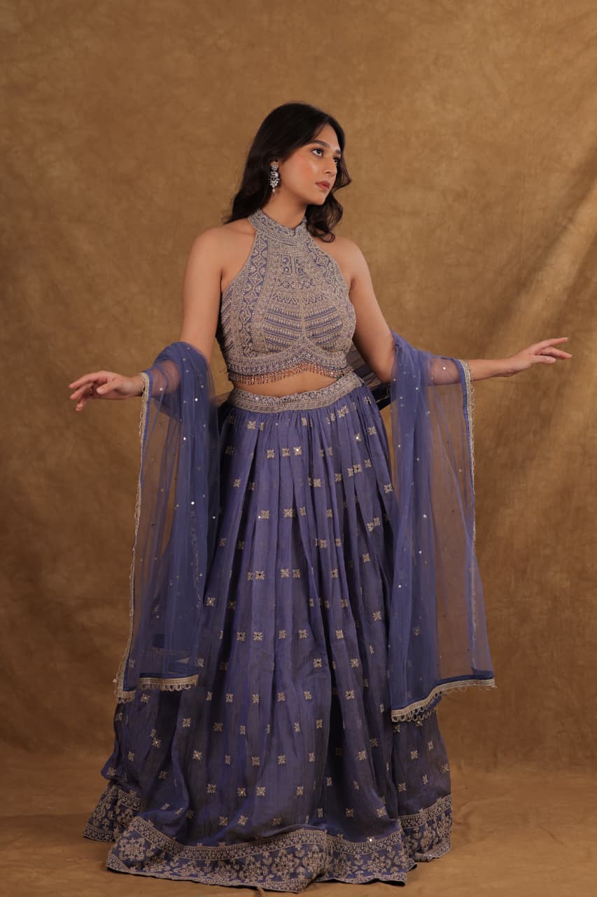 Tissue Crush Lehenga Set with Kasab Pitta Pearl Work