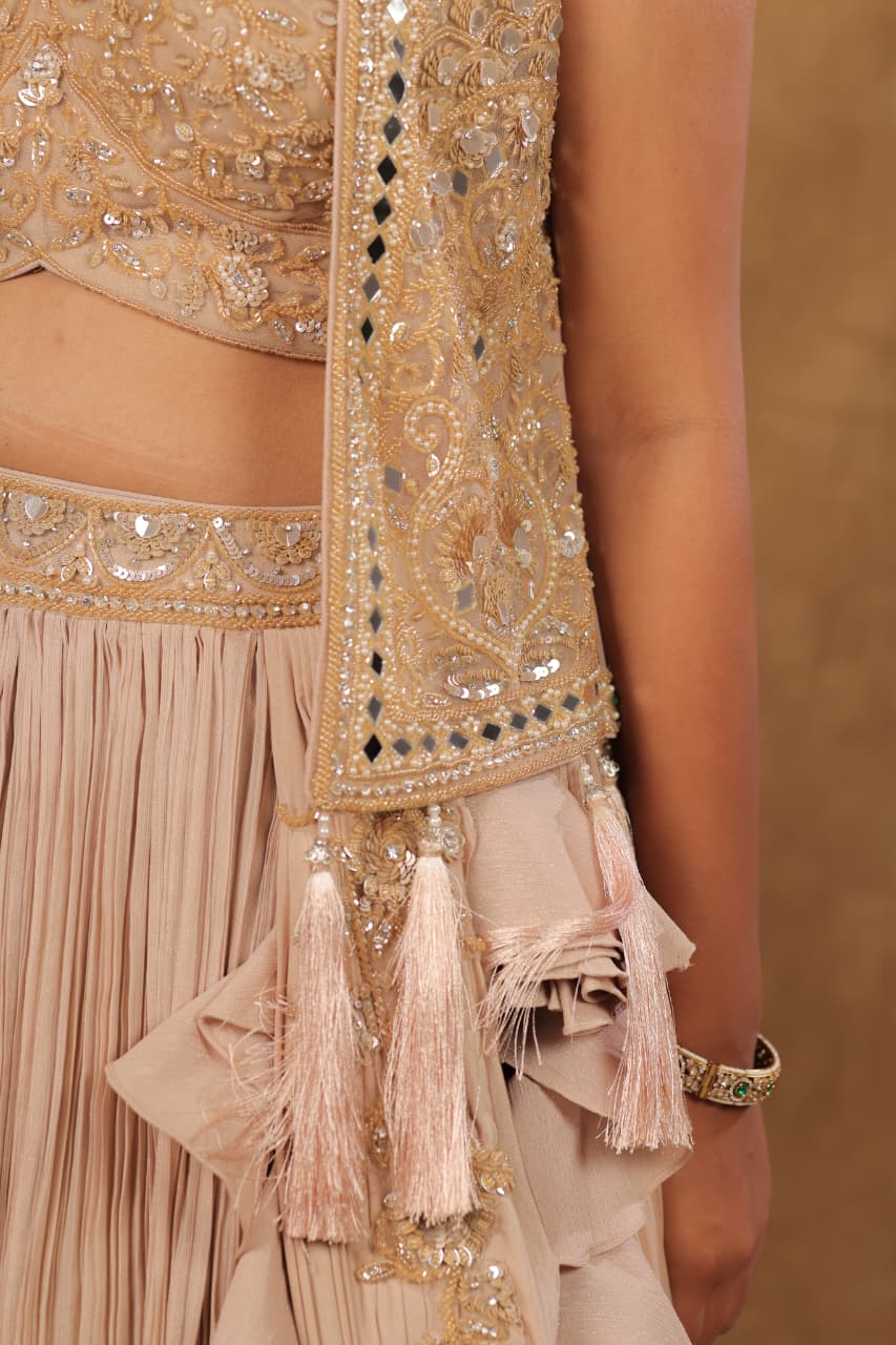 Golden Shimmer Crepe Chiffon Chaniya Choli Set with Handwork