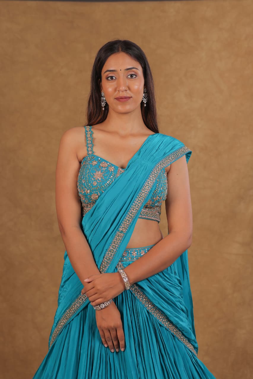 Turkish Blue Crepe Choli Suit with Zardoshi Work