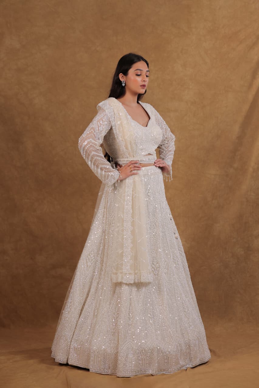 White A-Line Netted Choli Suit with Pearl Work