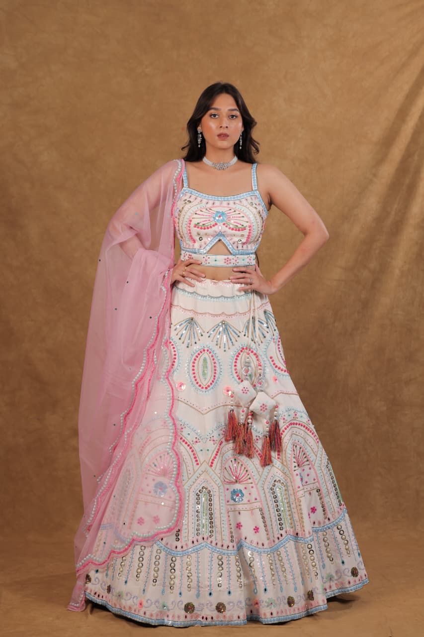Raw Silk Lehenga with Pearl, Sequence & Diamond Work
