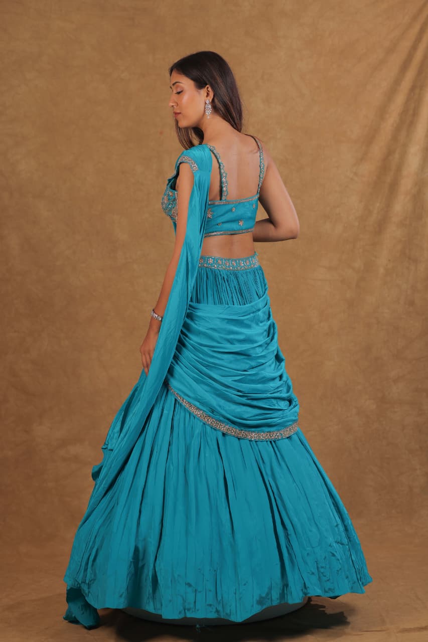 Turkish Blue Crepe Choli Suit with Zardoshi Work