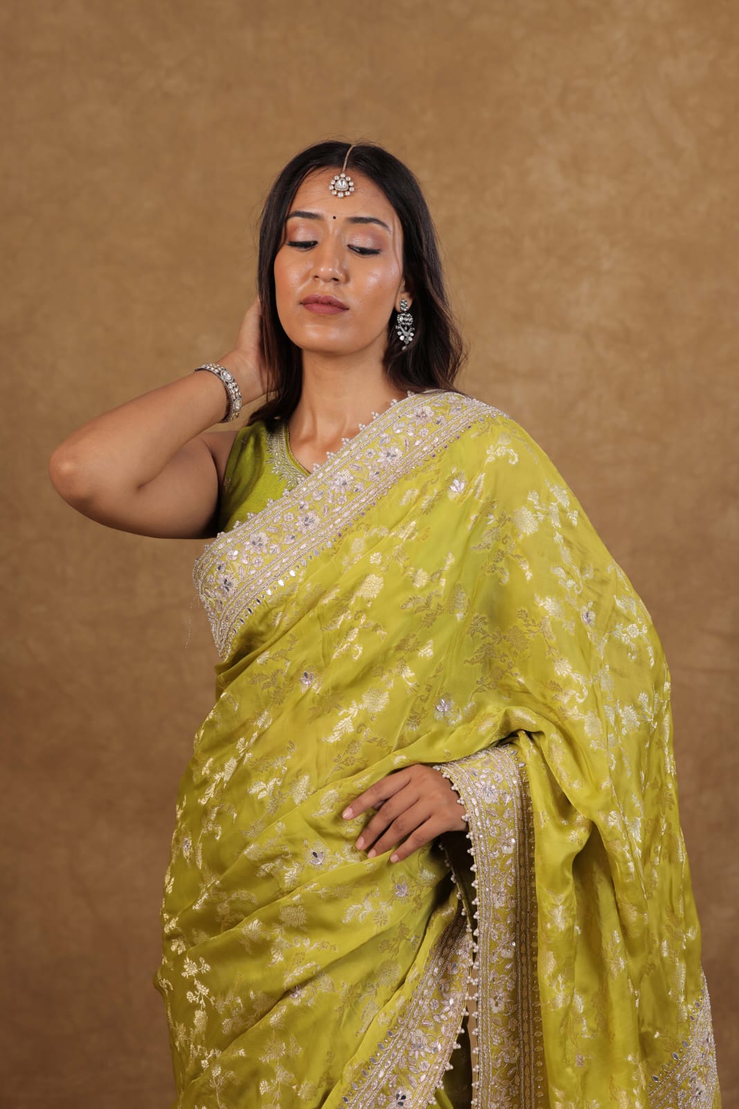 Parrot Green Banarasi Satin Silk saree