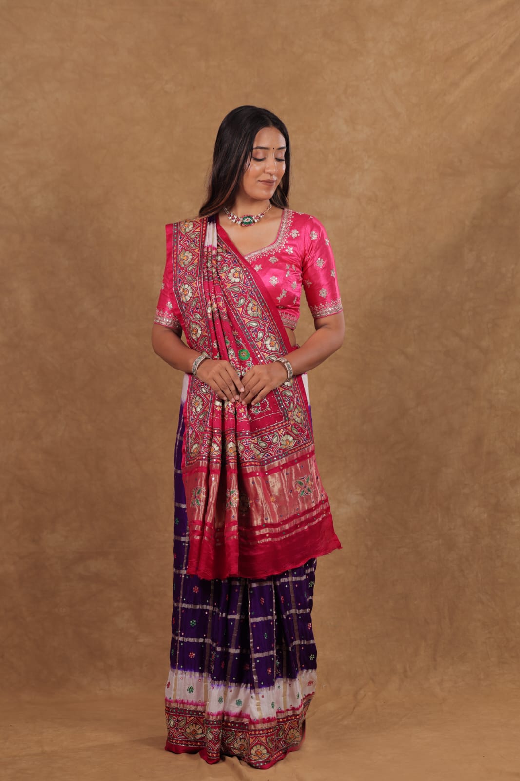 Purple White Rani Gajji Silk saree with Gharchola Mirror Work