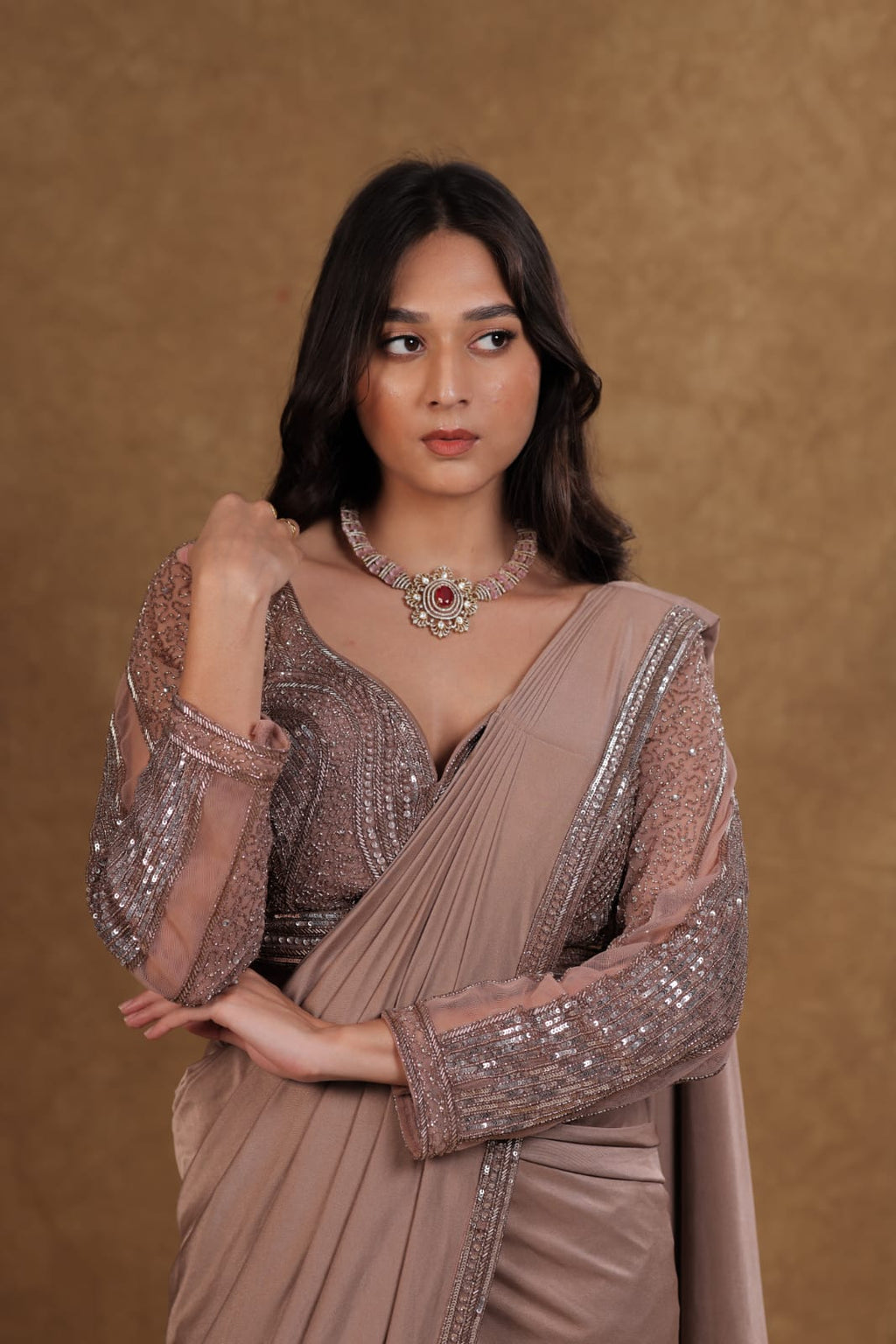 Copper Sequence Lycra READY TO WEAR SAREE