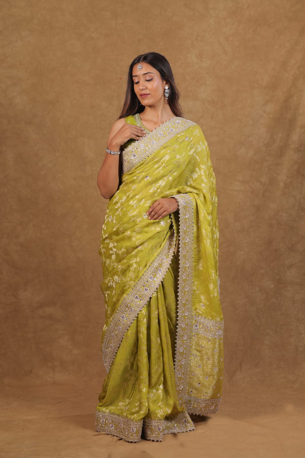 Parrot Green Banarasi Satin Silk saree