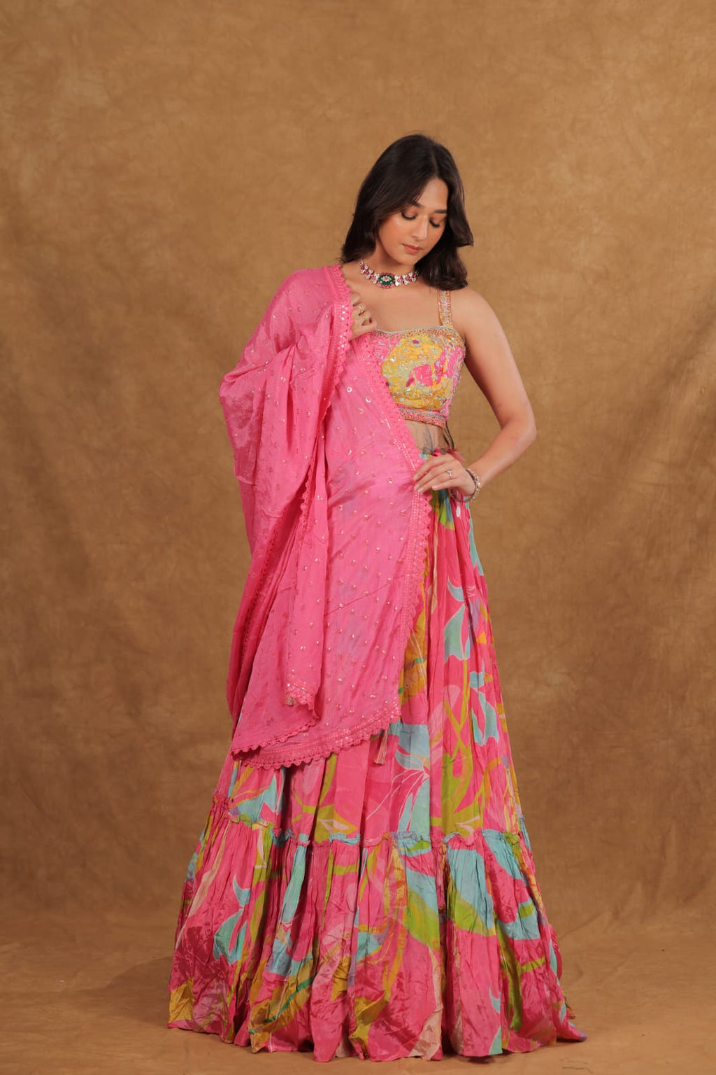 Italian Crepe Floral Print Choli Suit with Pearl Work