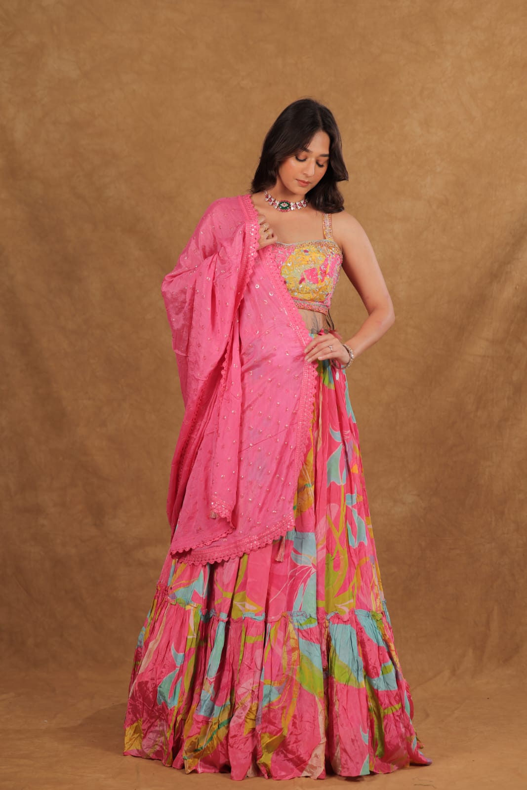 Italian Crepe Floral Print Choli Suit with Pearl Work