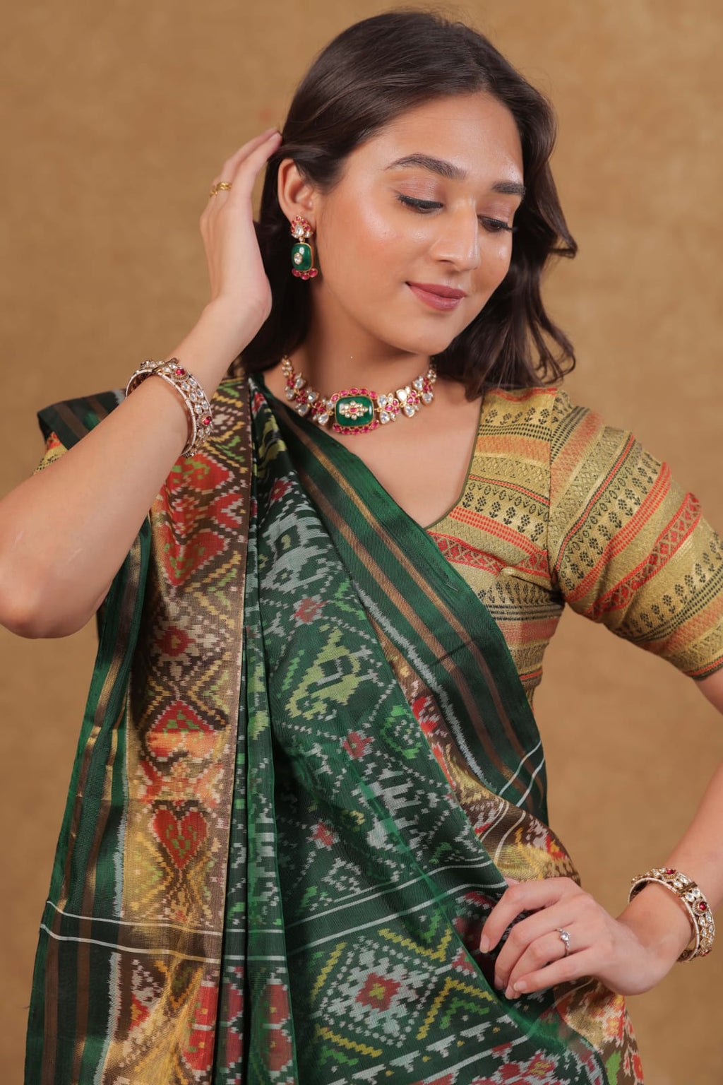 Bottle Green Rajkoti Patola Narikunj Silk Saree