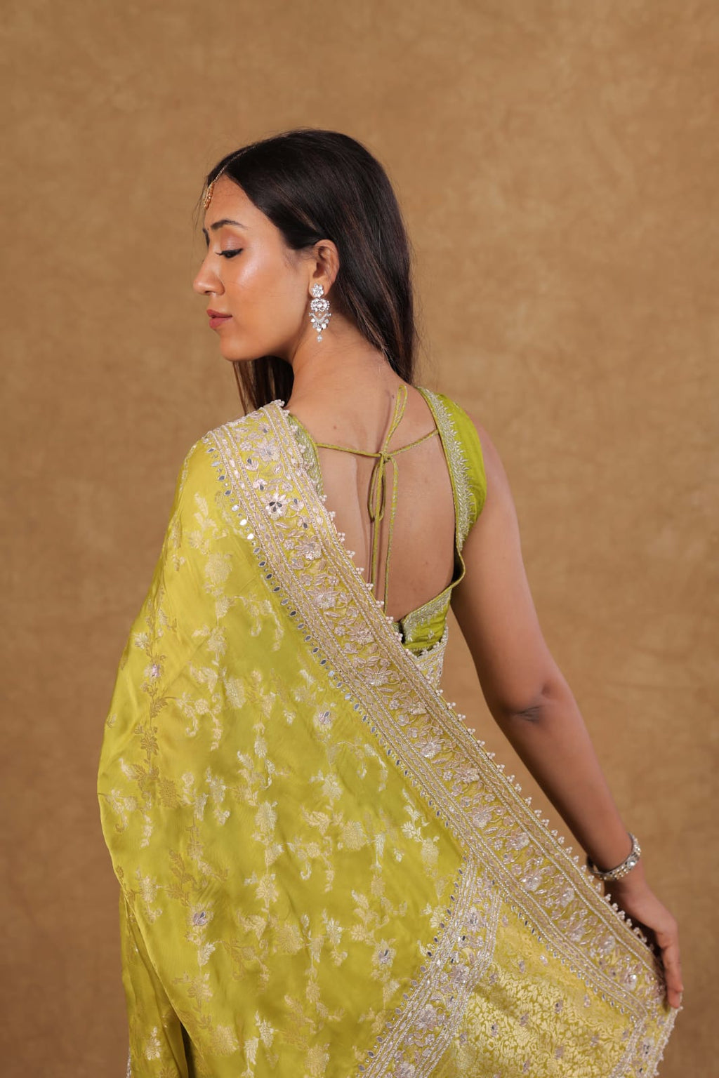 Parrot Green Banarasi Satin Silk saree