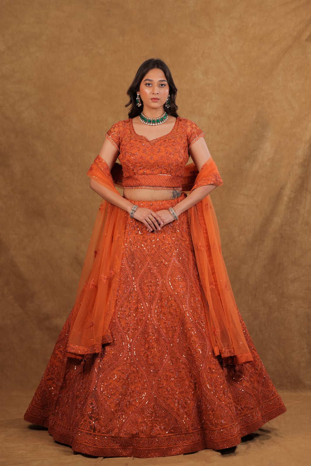 Rust Netted Chaniya Choli with Pearl, Sequence & Diamond Work