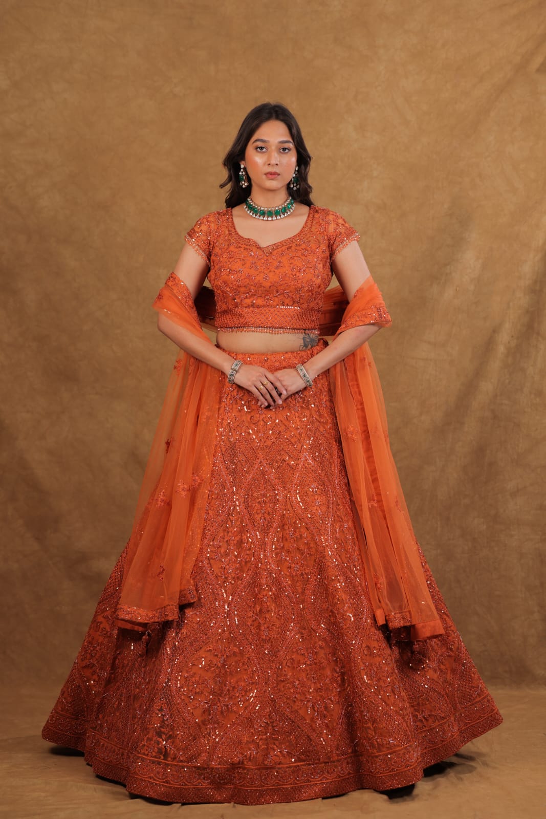 Rust Netted Chaniya Choli with Pearl, Sequence & Diamond Work