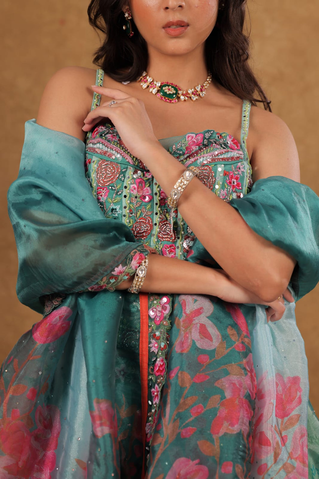 Rama Green Organza Corset Blouse with Printed Chaniya and Dupatta