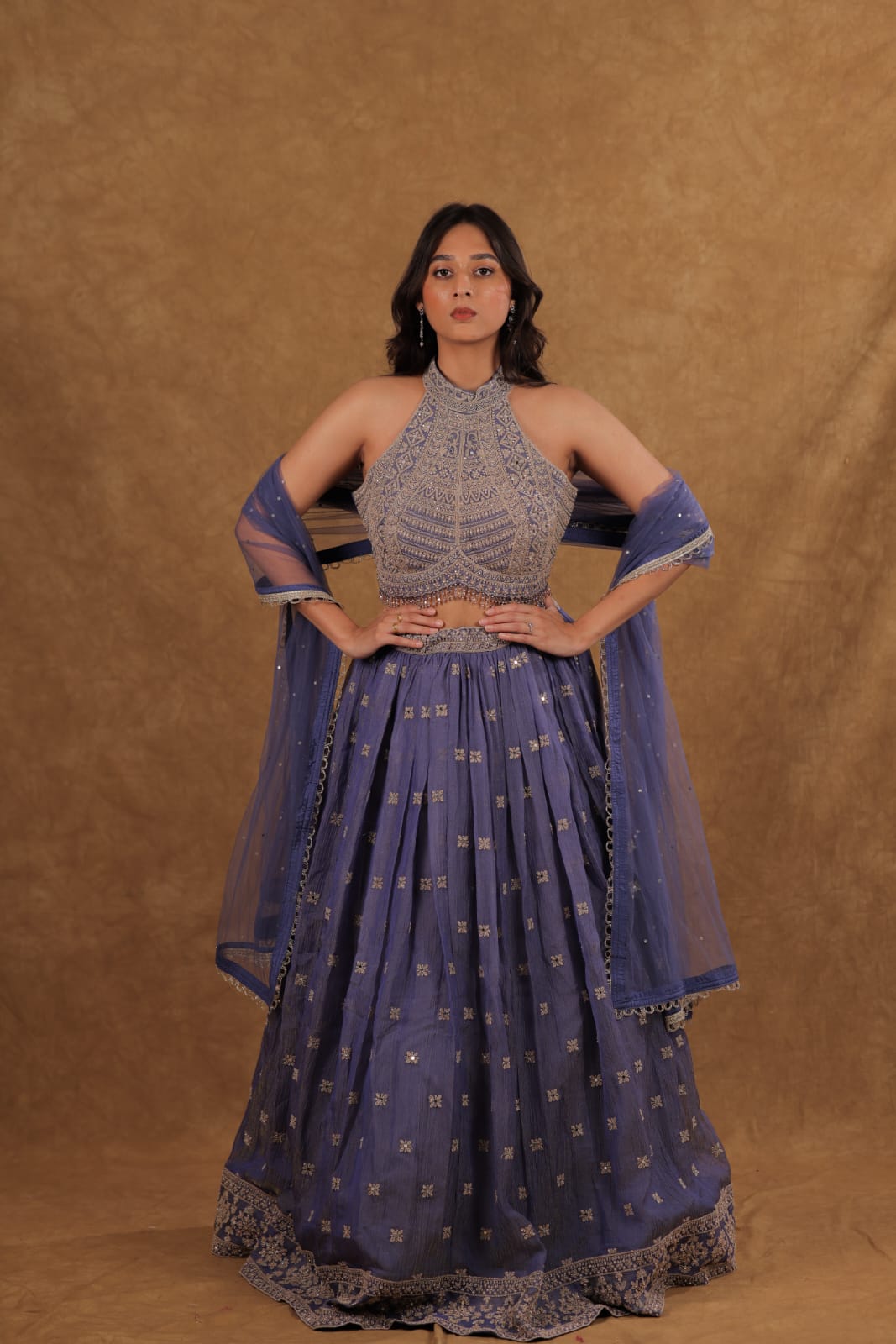 Tissue Crush Lehenga Set with Kasab Pitta Pearl Work