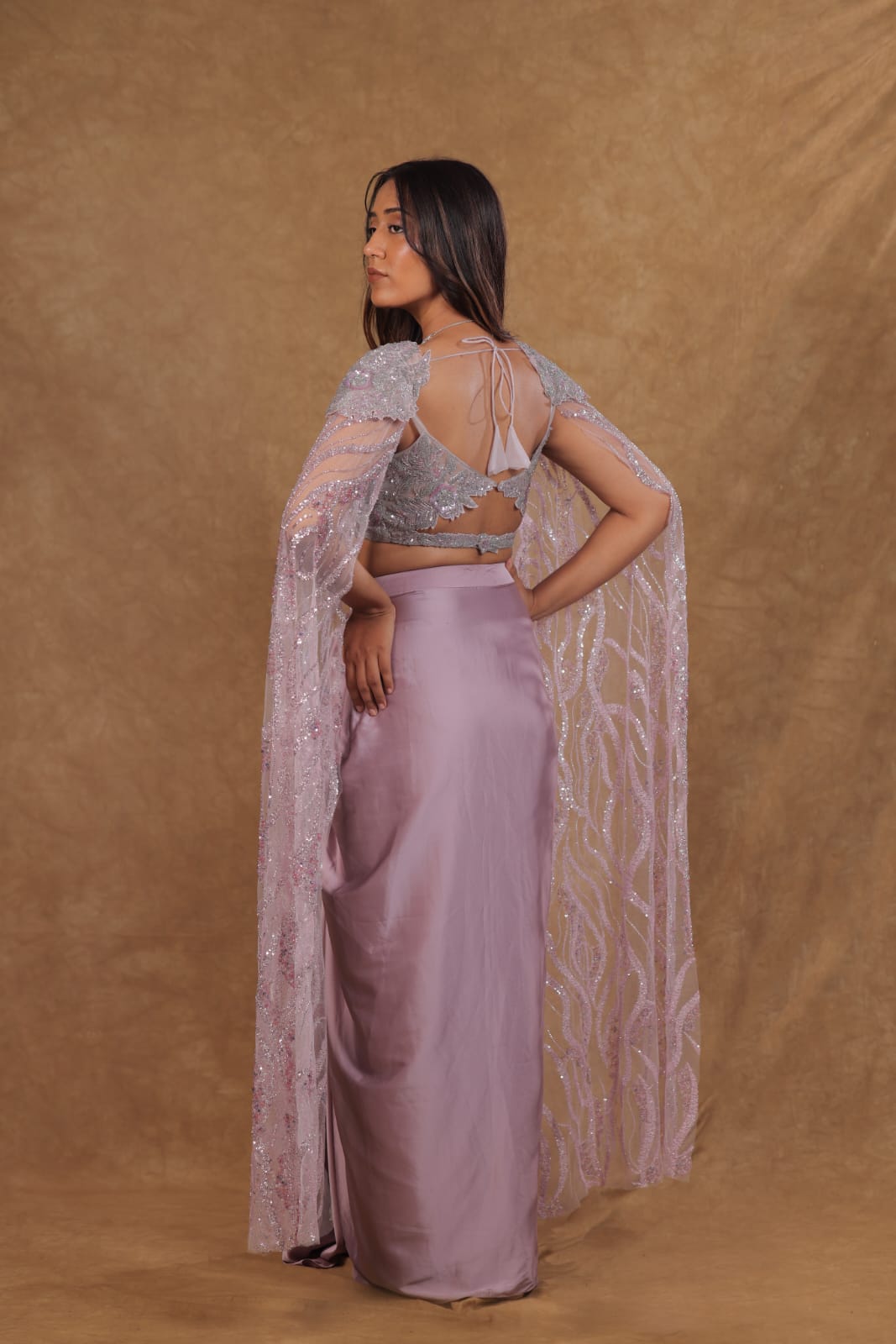 Lavender Luxe: Ready-to-Wear Semo Satin Saree with Sequence Work