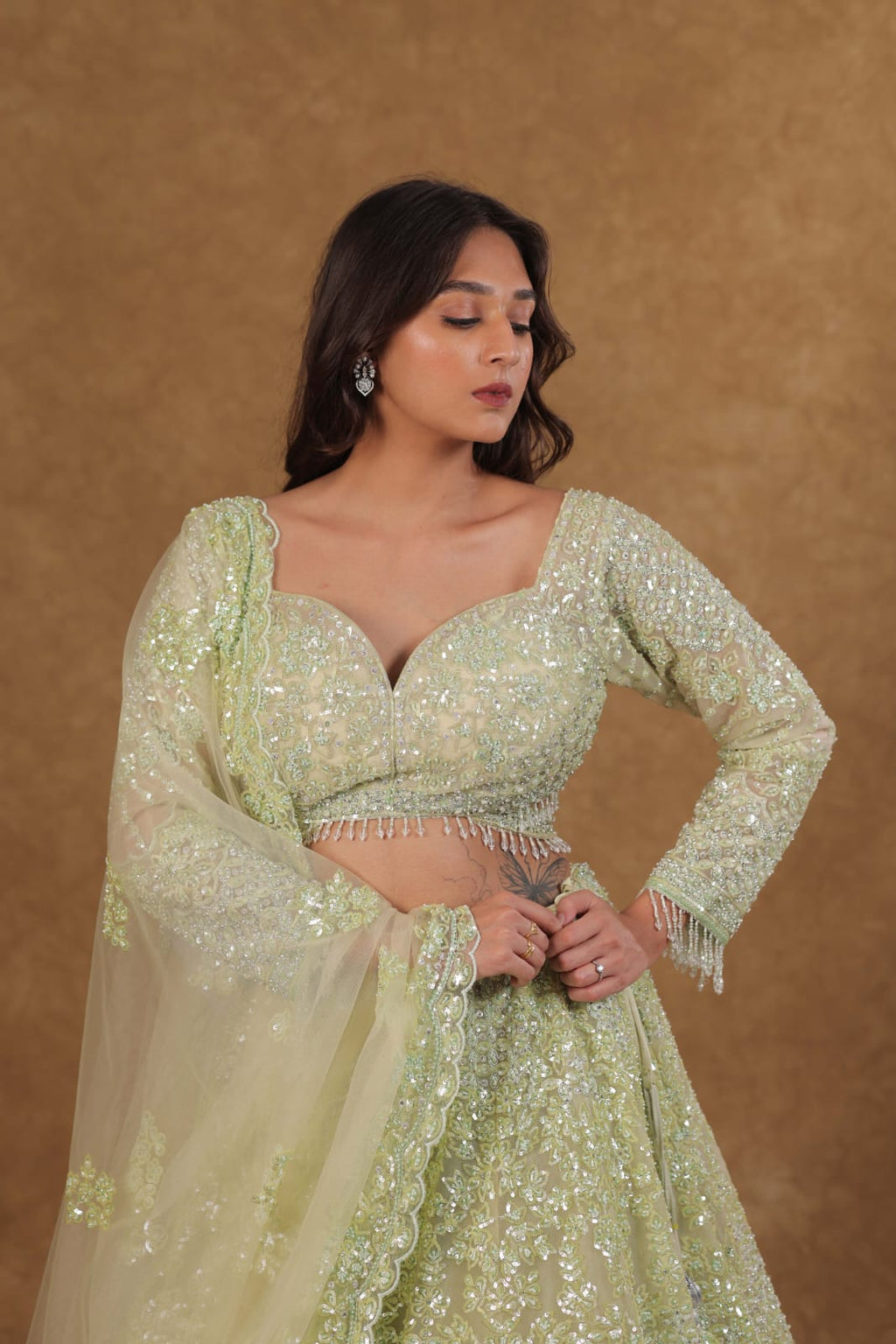 Lyric Green Mono Netted Chaniya Choli with Long Sleeves