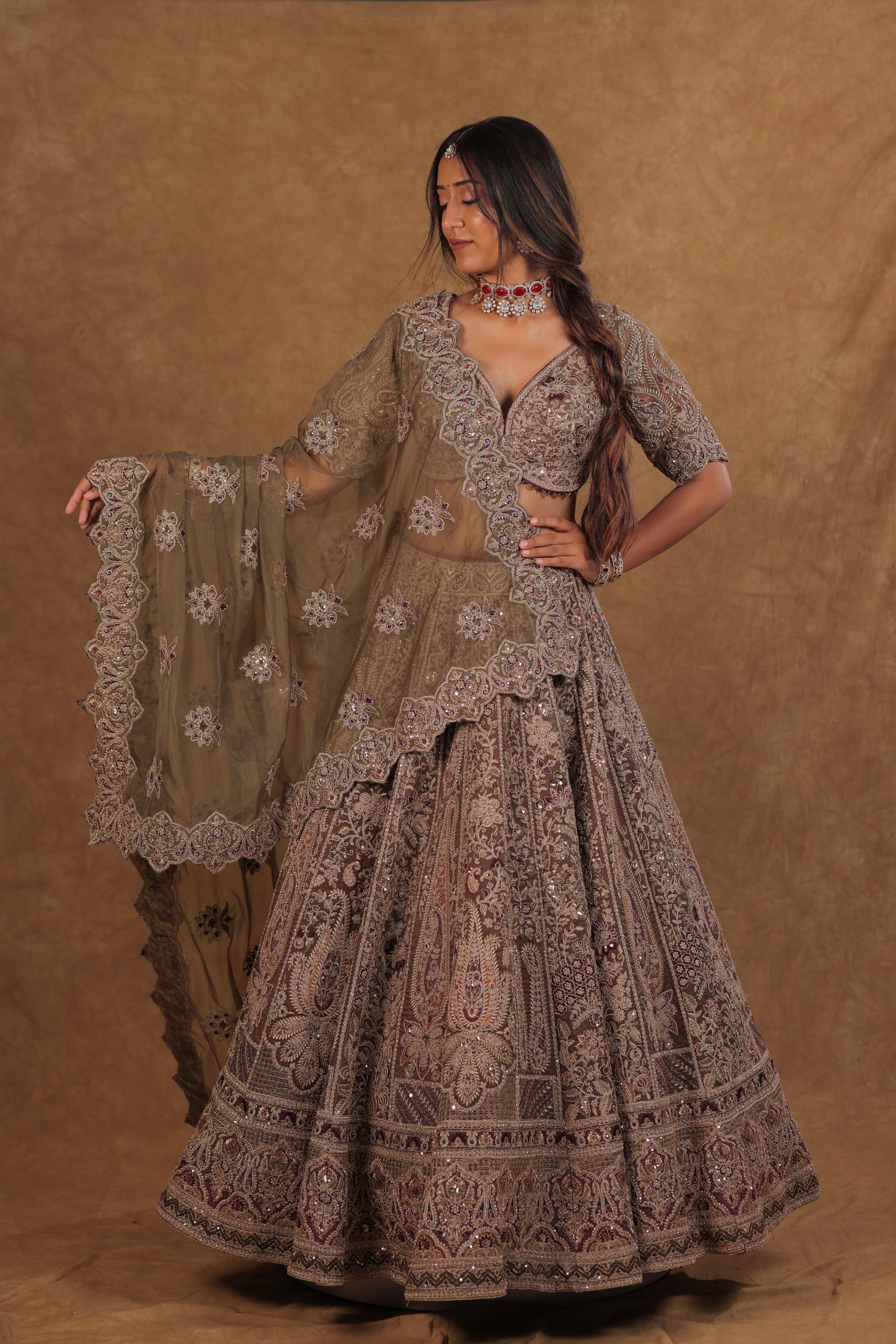 Mehndi Rust Organza Handwork Bridal Lehenga set