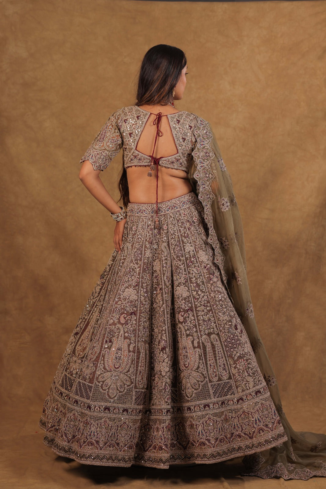 Mehndi Rust Organza Handwork Bridal Lehenga set