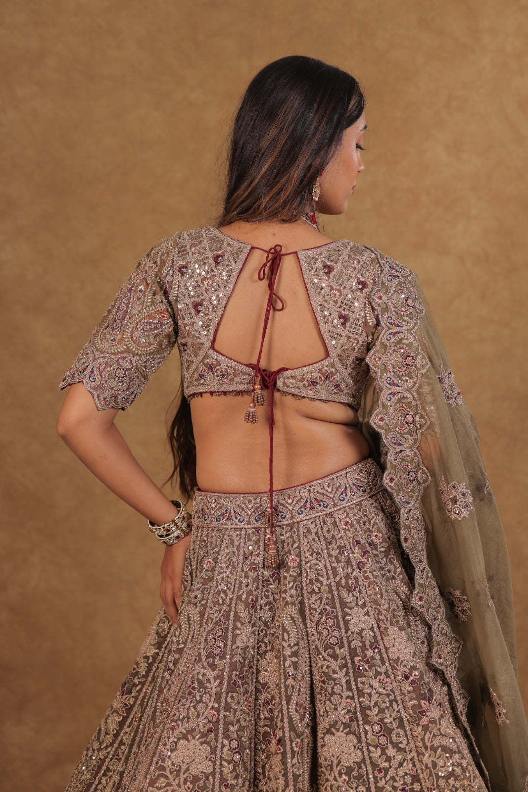 Mehndi Rust Organza Handwork Bridal Lehenga set