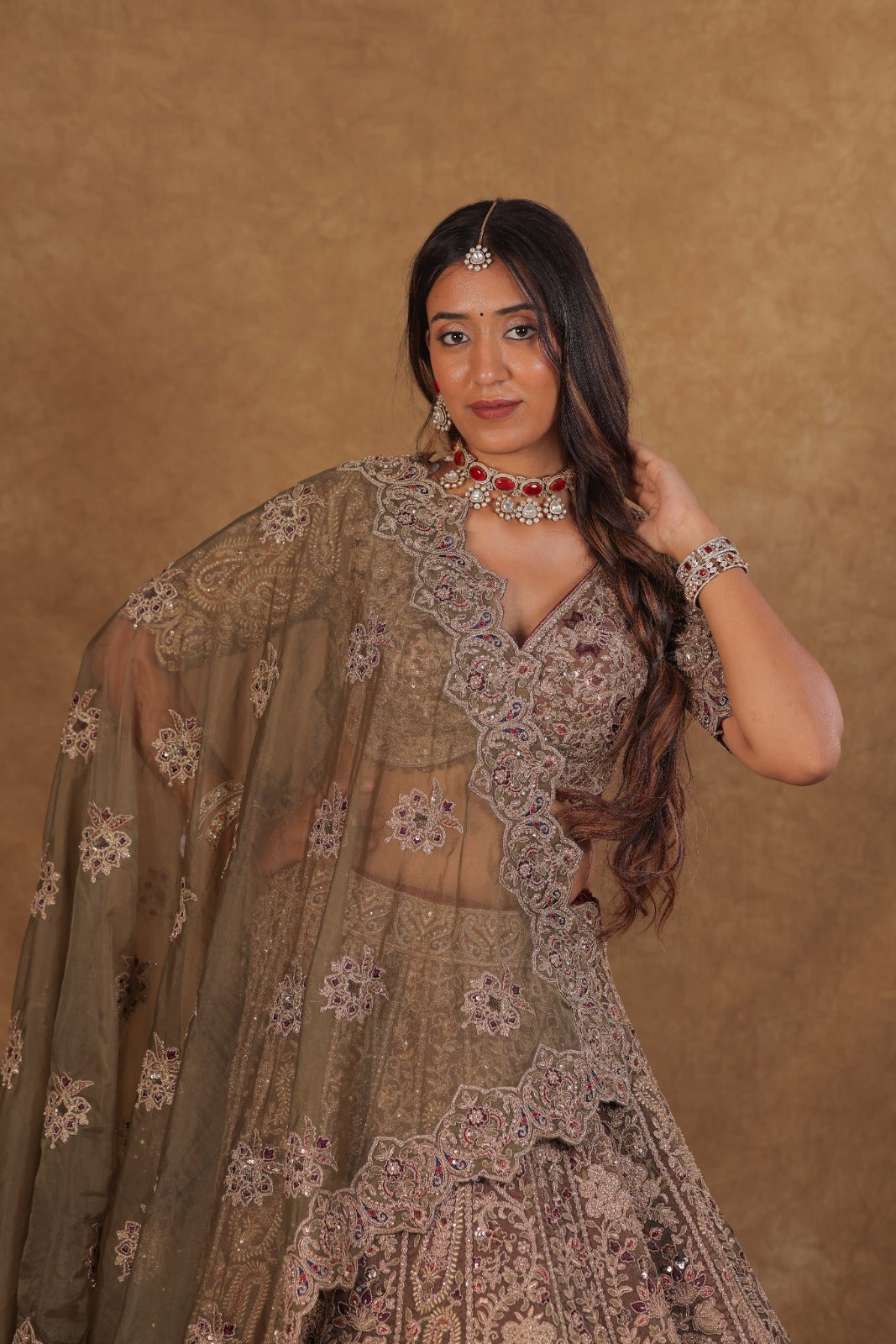 Mehndi Rust Organza Handwork Bridal Lehenga set