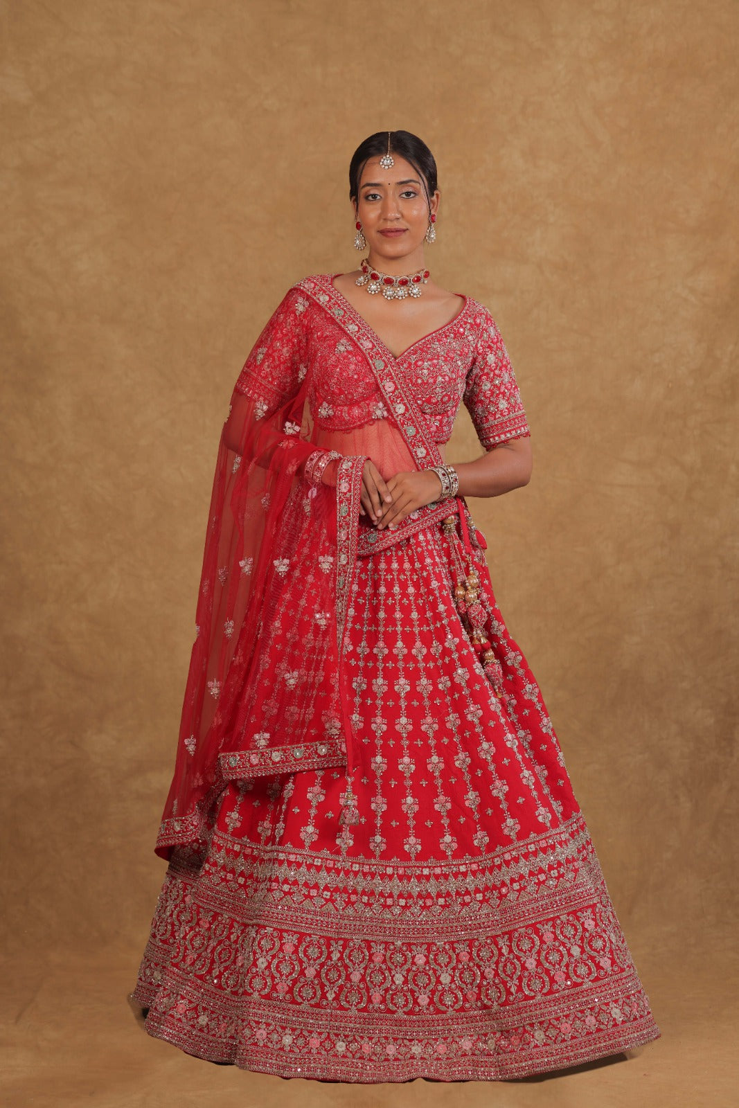 Handcrafted Cherry red Bridal Lehenga Set
