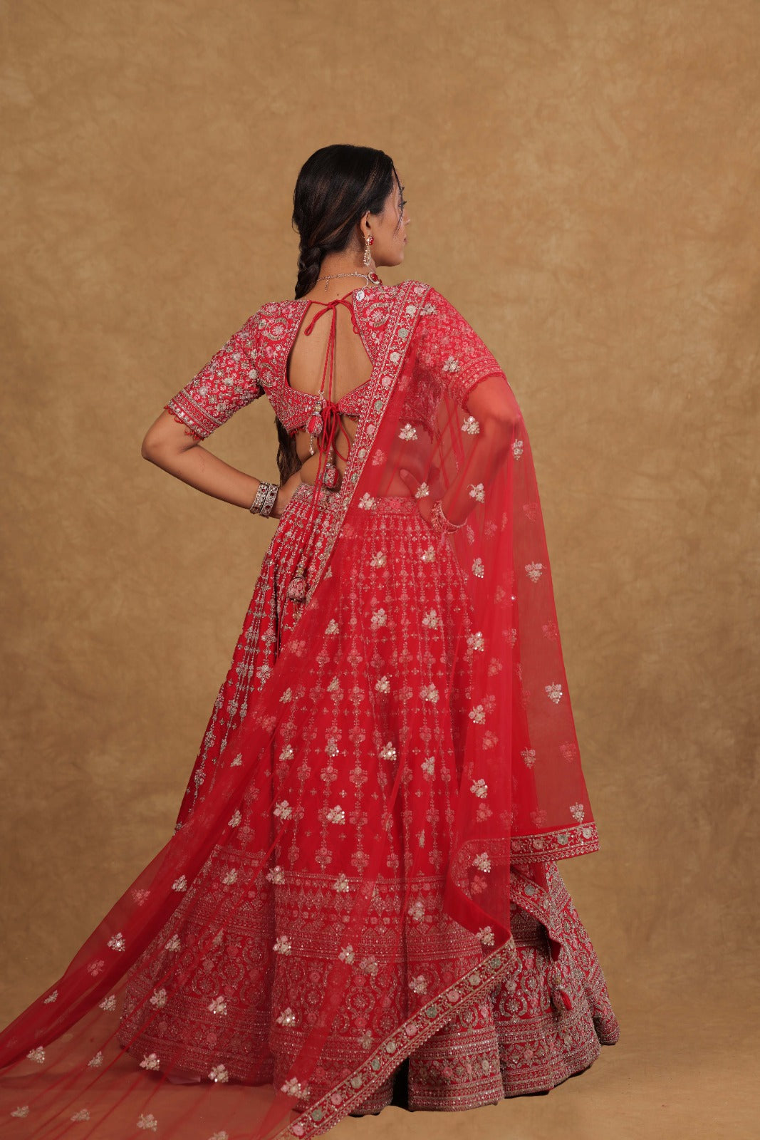 Handcrafted Cherry red Bridal Lehenga Set