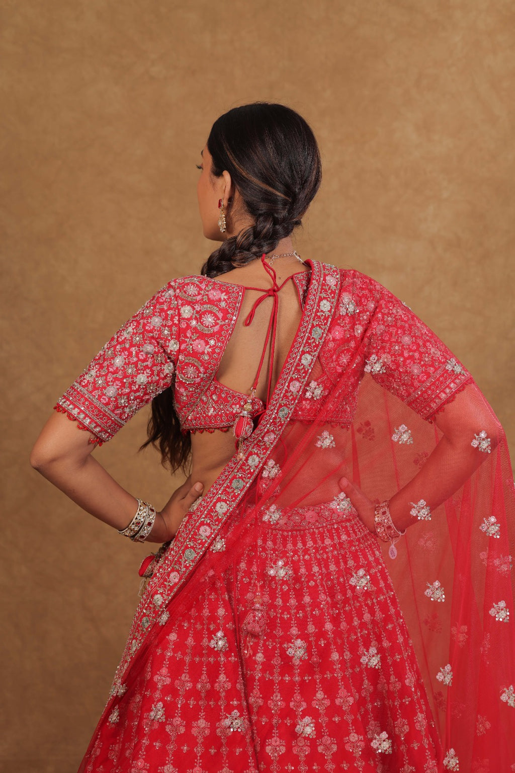 Handcrafted Cherry red Bridal Lehenga Set