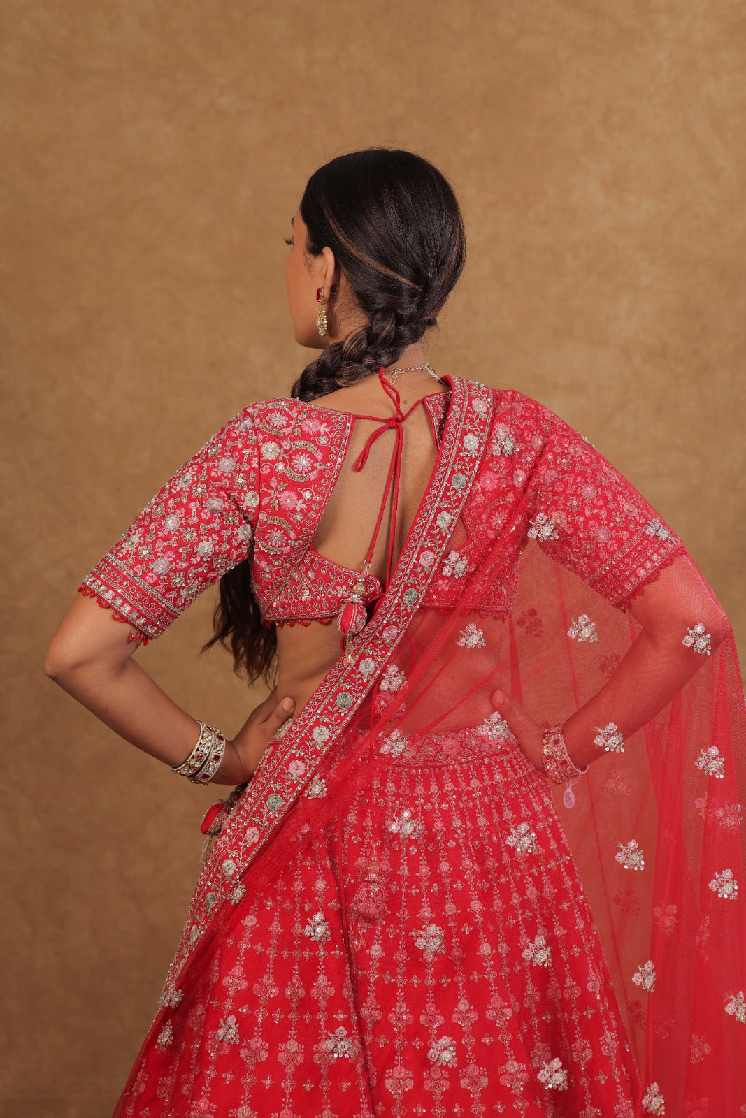Handcrafted Cherry red Bridal Lehenga Set