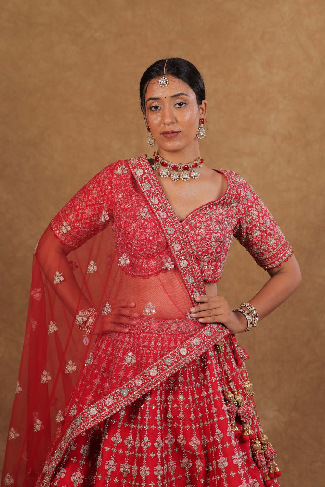 Handcrafted Cherry red Bridal Lehenga Set