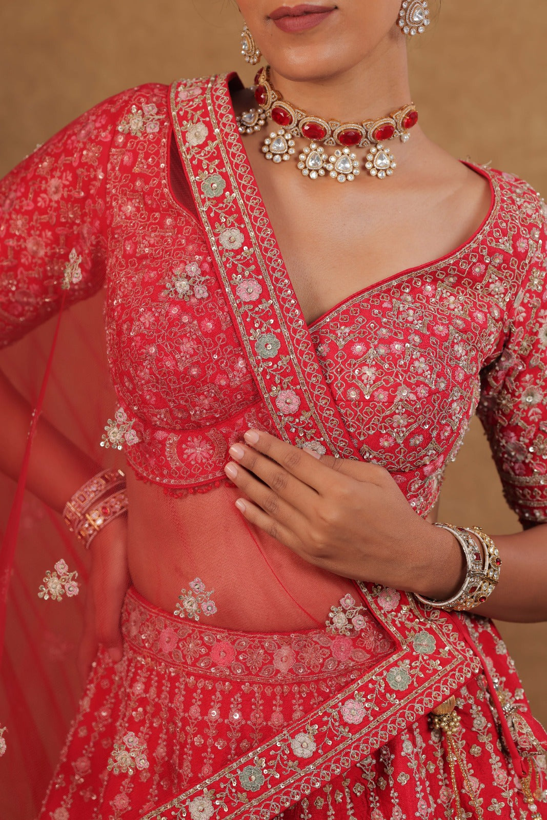 Handcrafted Cherry red Bridal Lehenga Set