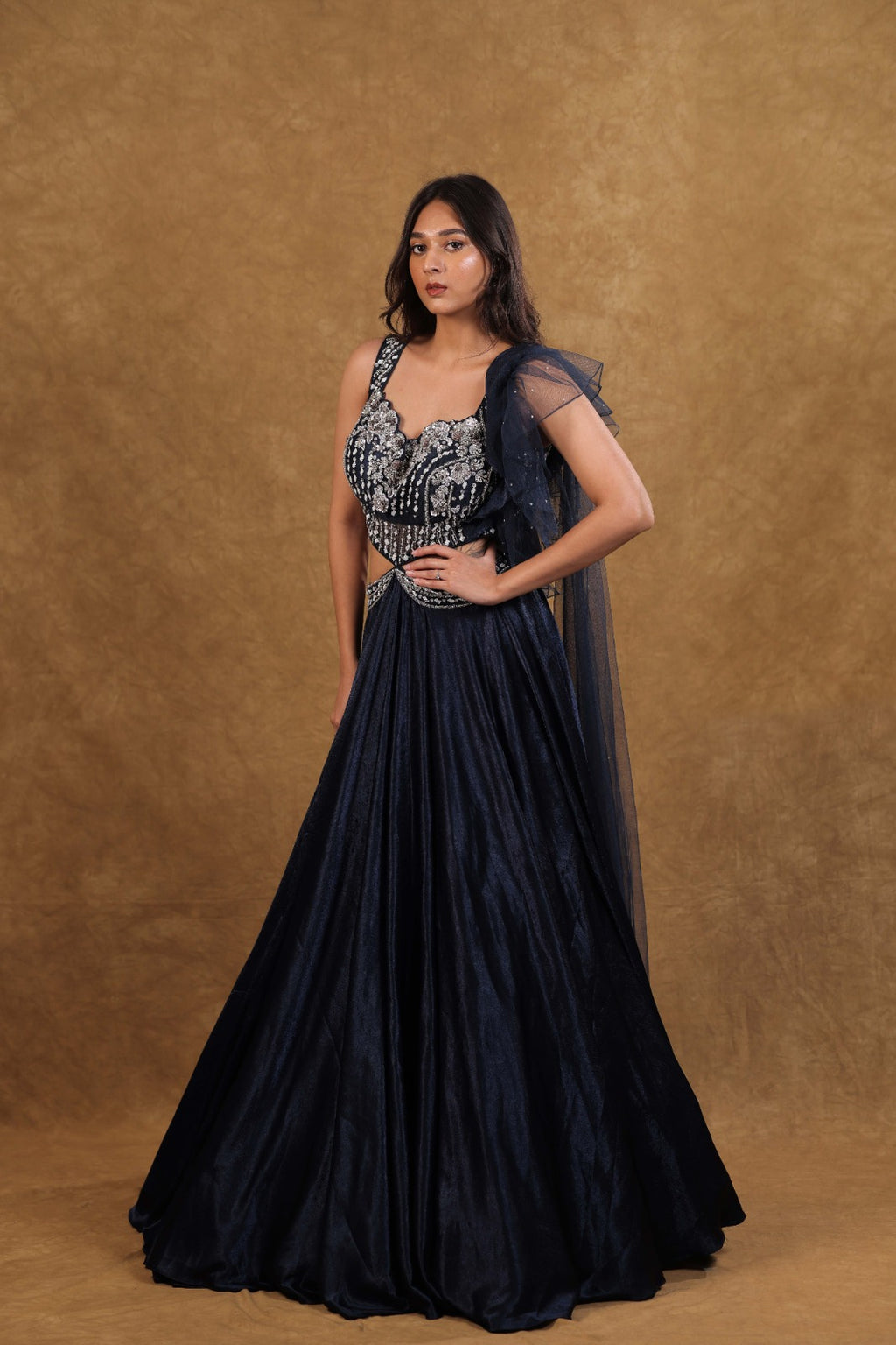 Royal Blue Silver Ruffle Party Gown