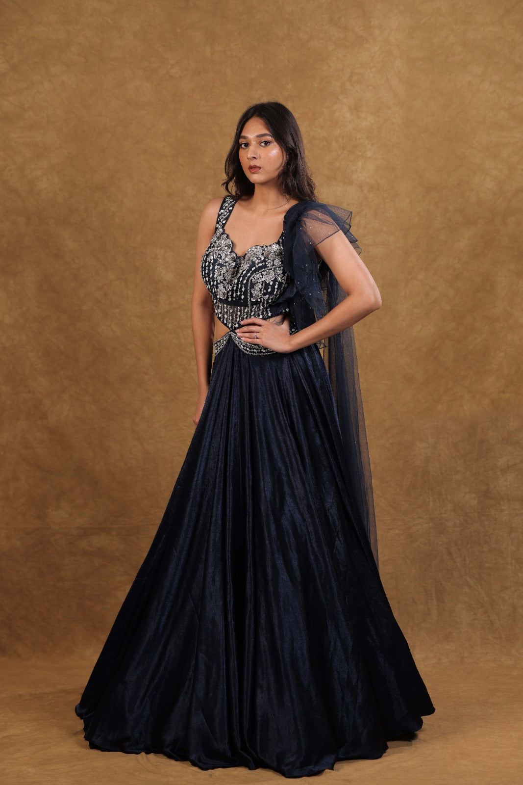 Royal Blue Silver Ruffle Party Gown