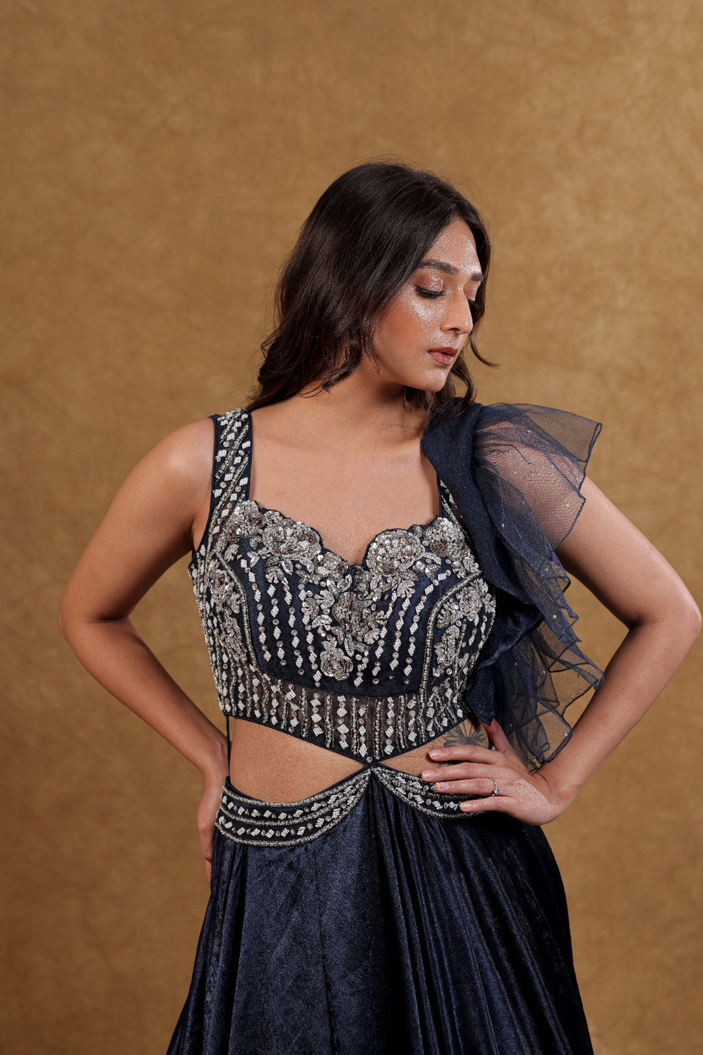 Royal Blue Silver Ruffle Party Gown