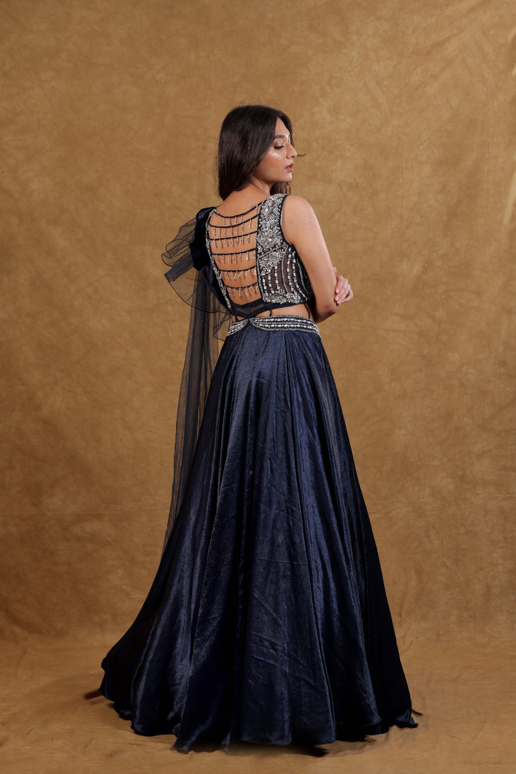 Royal Blue Silver Ruffle Party Gown