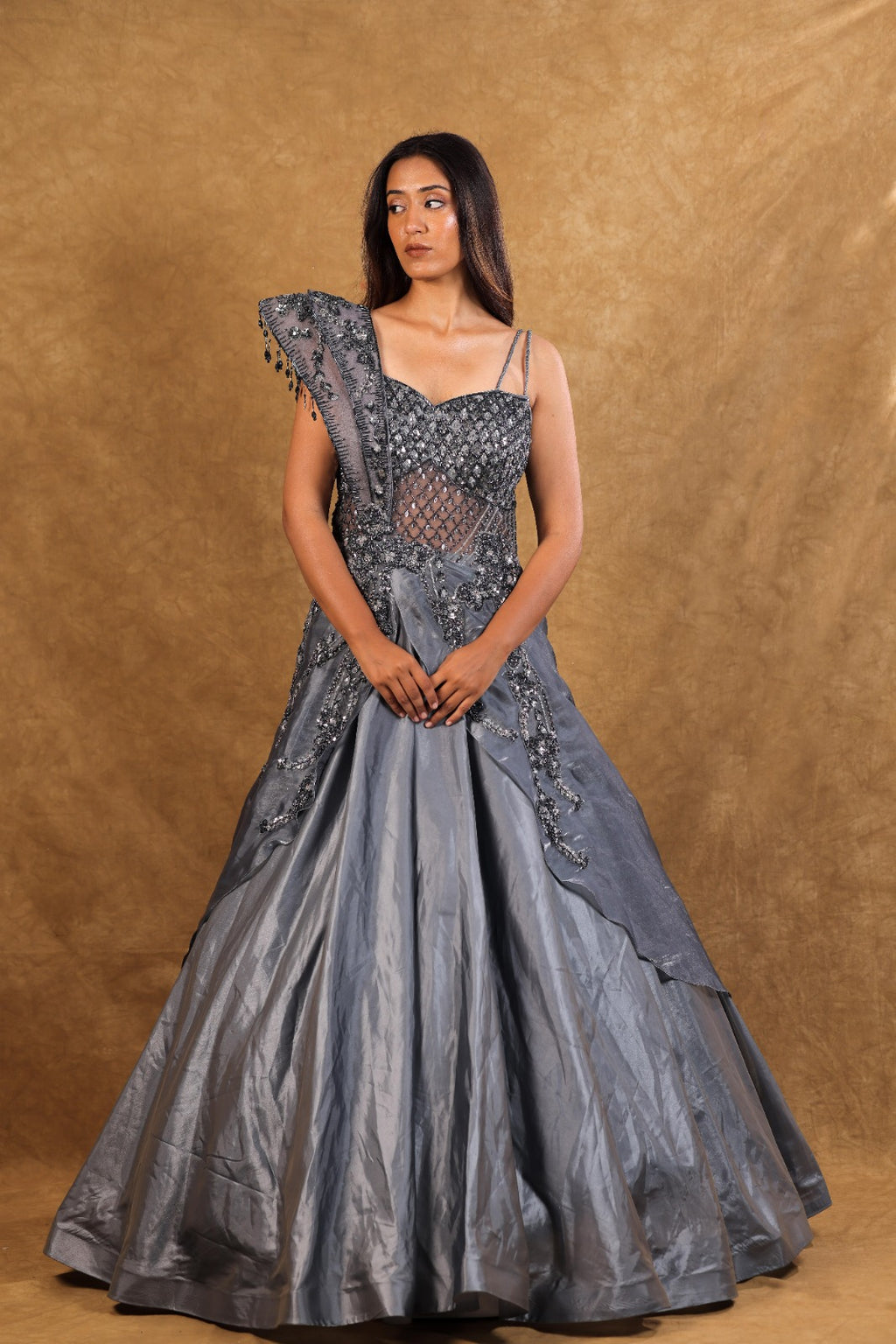 Grey Organza One-Shoulder Handwork Gown