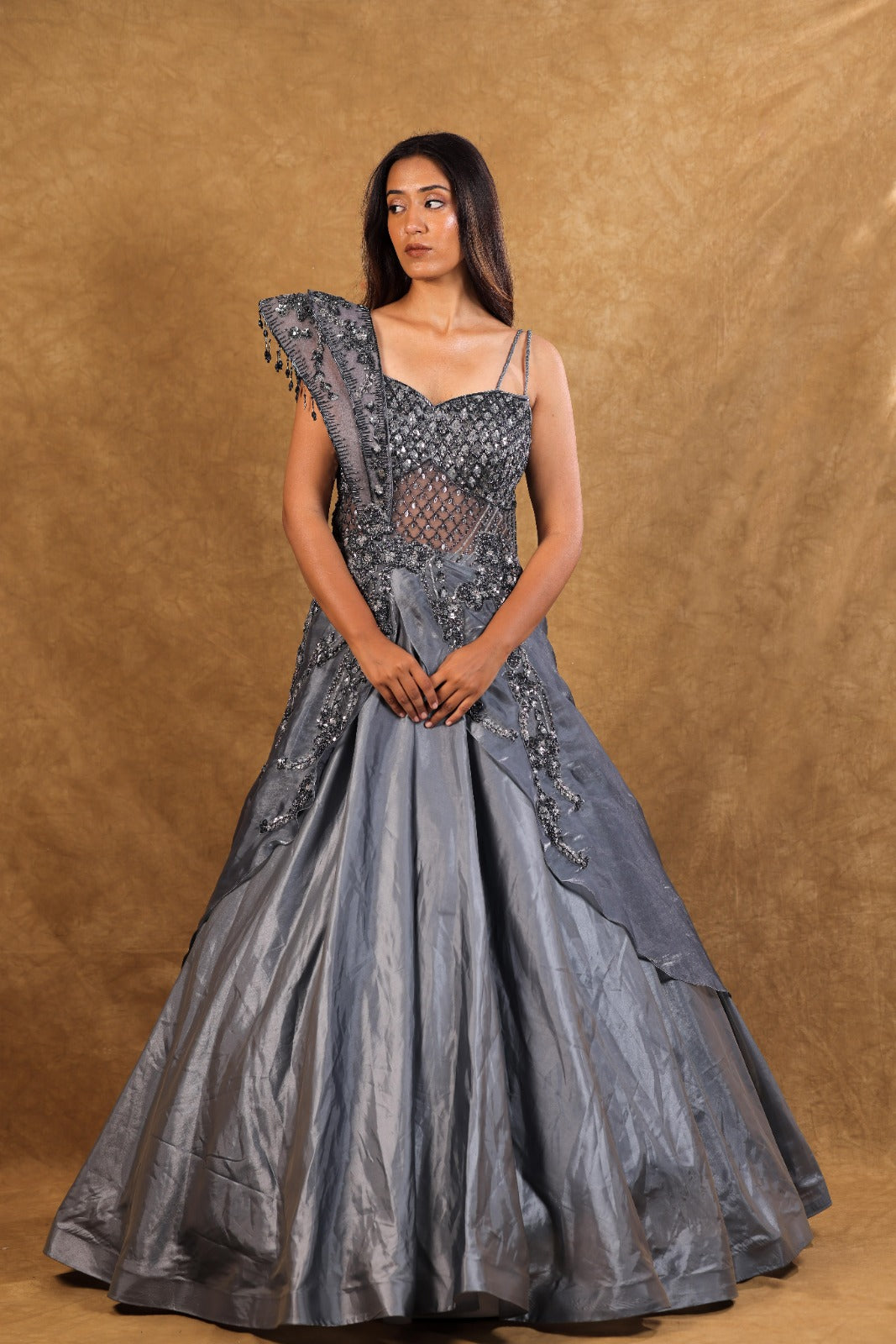 Grey Organza One-Shoulder Handwork Gown