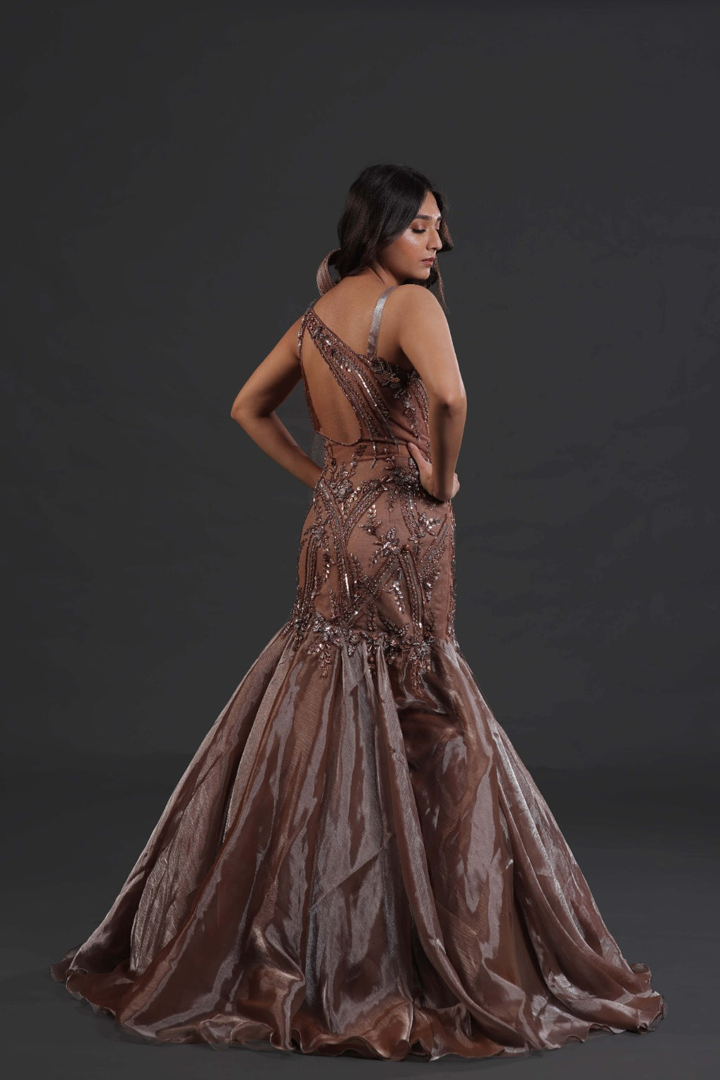 COPPER COLOR DESIGNER TISSUE SILK FISH CUT GOWN