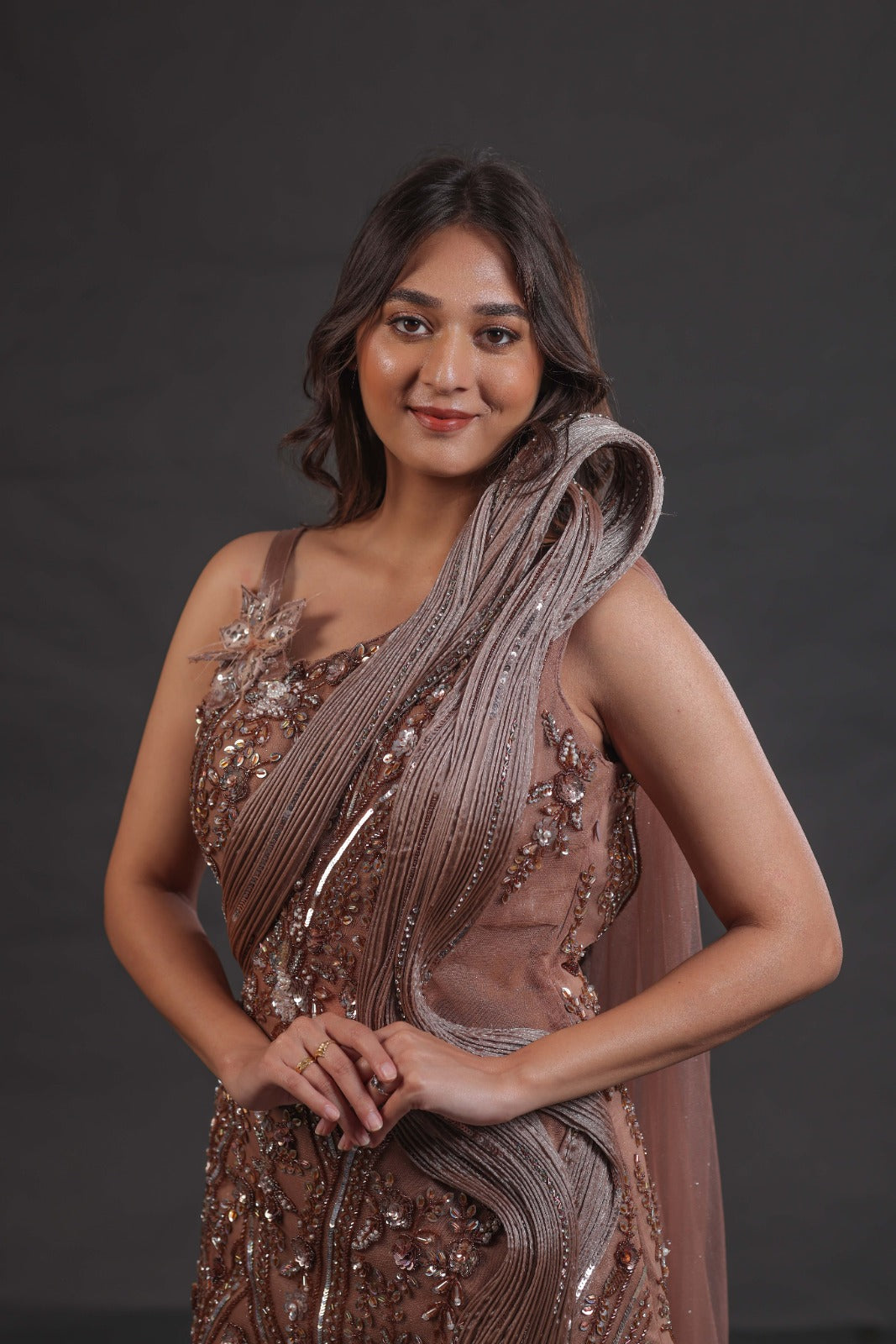 COPPER COLOR DESIGNER TISSUE SILK FISH CUT GOWN