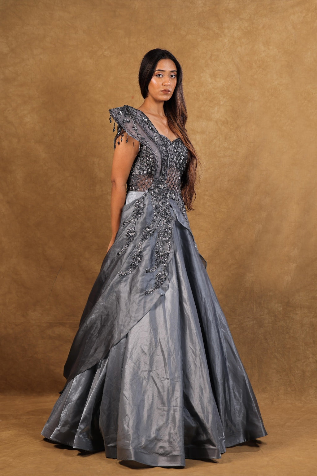 Grey Organza One-Shoulder Handwork Gown