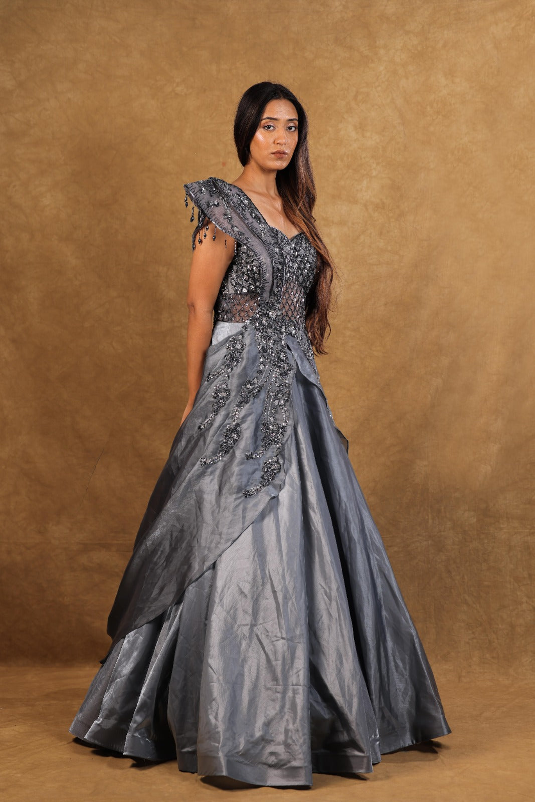 Grey Organza One-Shoulder Handwork Gown