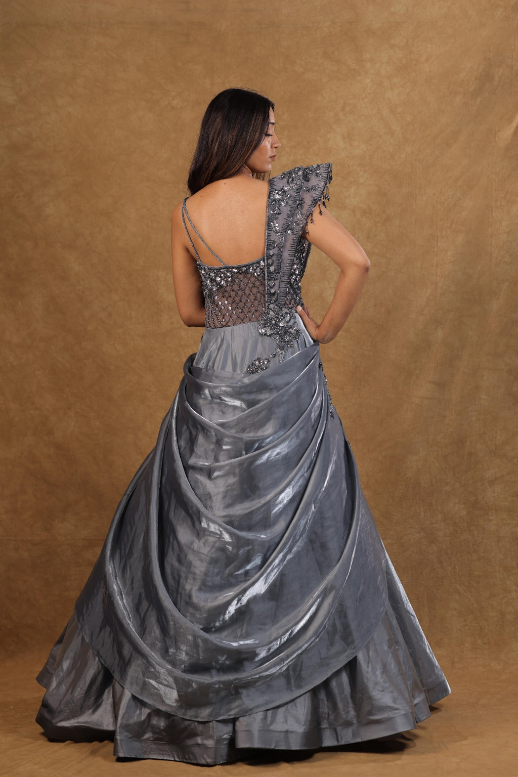 Grey Organza One-Shoulder Handwork Gown