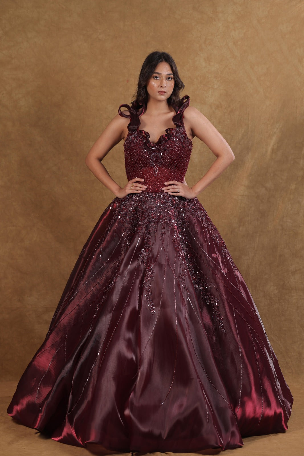 Maroon Organza Sequin Floral Gown