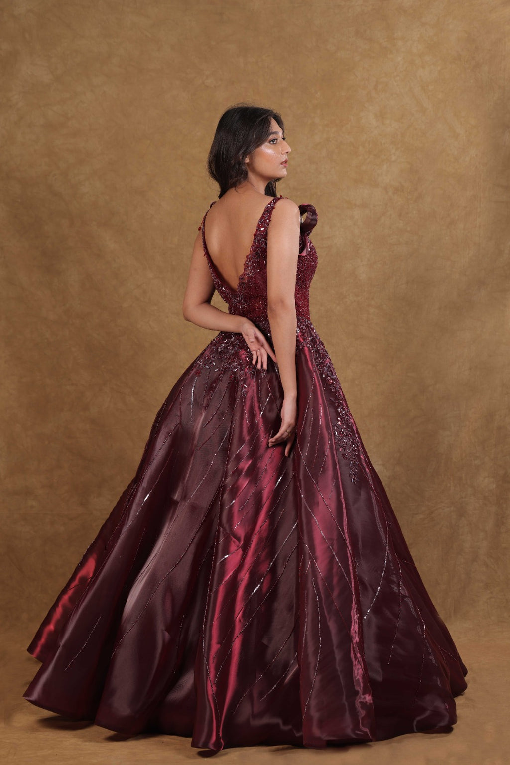 Maroon Organza Sequin Floral Gown