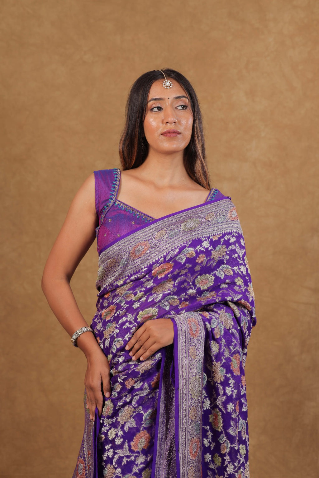 Royal Purple Mysore Georgette Meenakari Saree