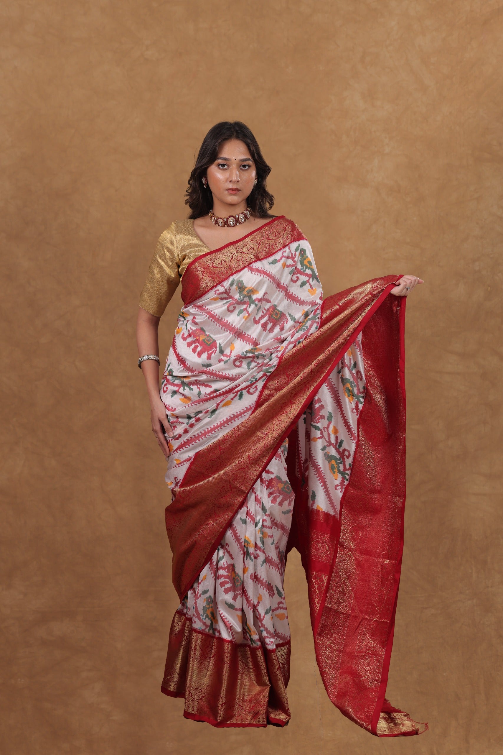 Off-White Cherry Patola Kanjeevaram silk saree Saree