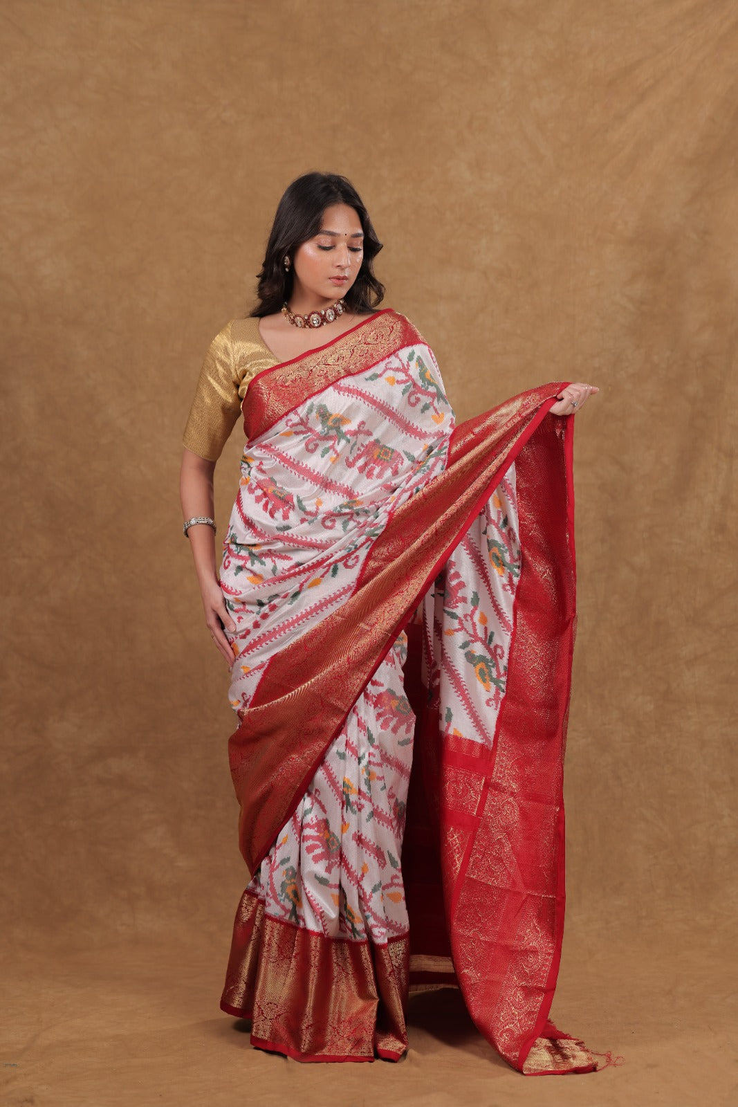 Off-White Cherry Patola Kanjeevaram silk saree Saree